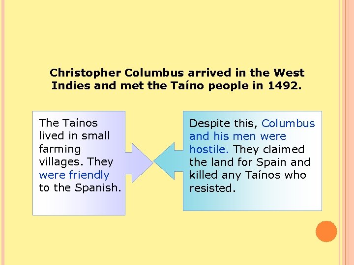 Christopher Columbus arrived in the West Indies and met the Taíno people in 1492.