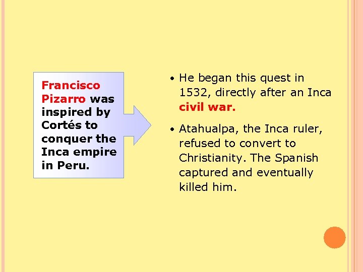 Francisco Pizarro was inspired by Cortés to conquer the Inca empire in Peru. •