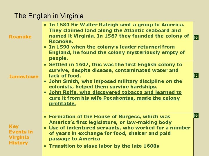The English in Virginia Roanoke Jamestown Key Events in Virginia History • In 1584