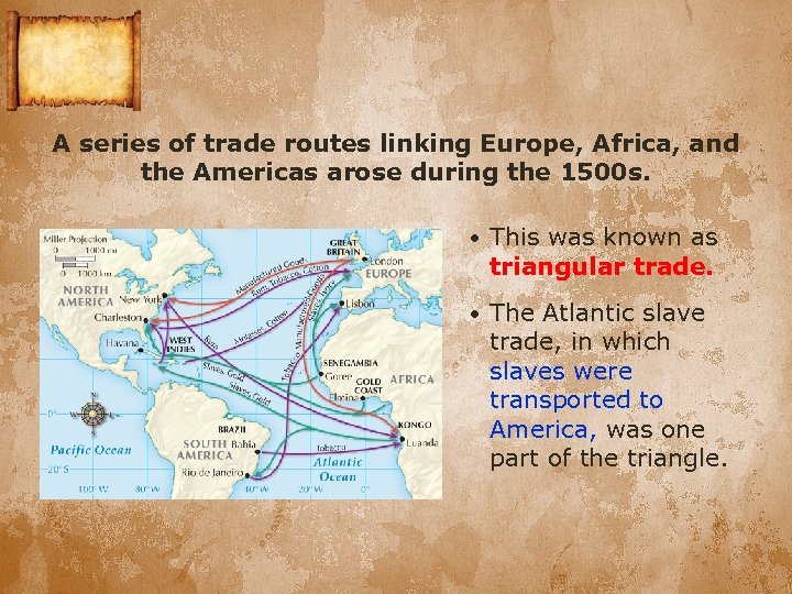 A series of trade routes linking Europe, Africa, and the Americas arose during the