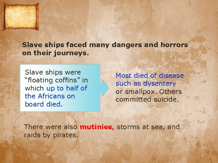 Slave ships faced many dangers and horrors on their journeys. Slave ships were “floating