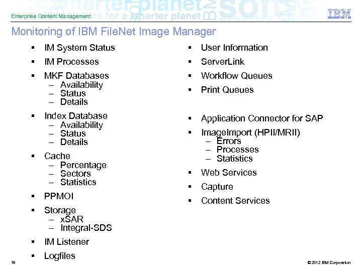 Enterprise Content Management Monitoring of IBM File. Net Image Manager § IM System Status