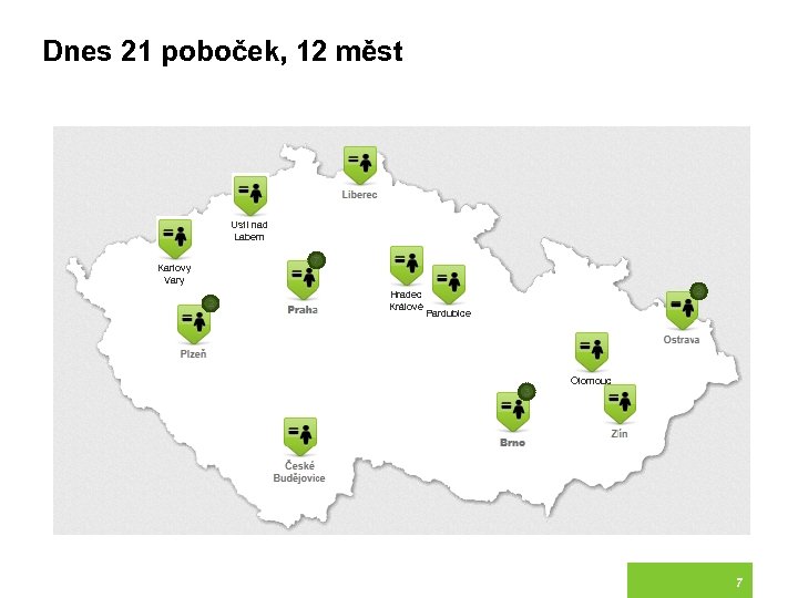 Dnes 21 poboček, 12 měst Ustí nad Labem 7 Karlovy Vary 2 Hradec Králové