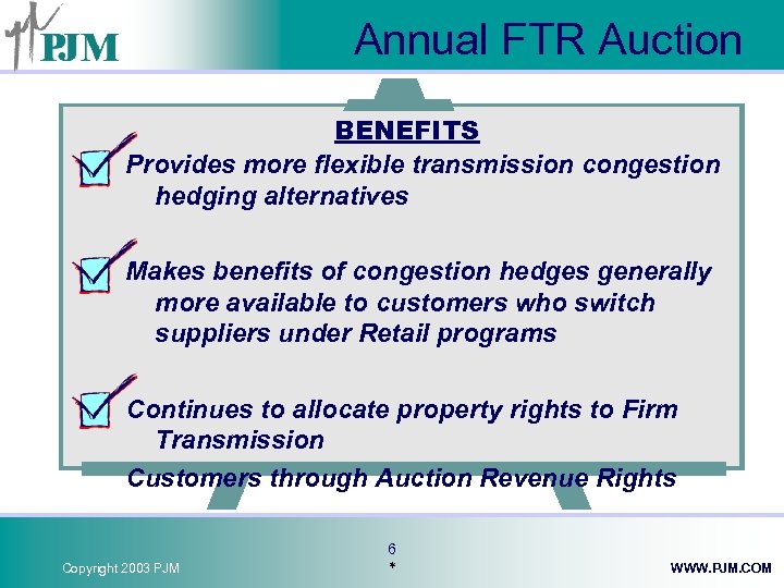 Annual FTR Auction BENEFITS Provides more flexible transmission congestion hedging alternatives Makes benefits of