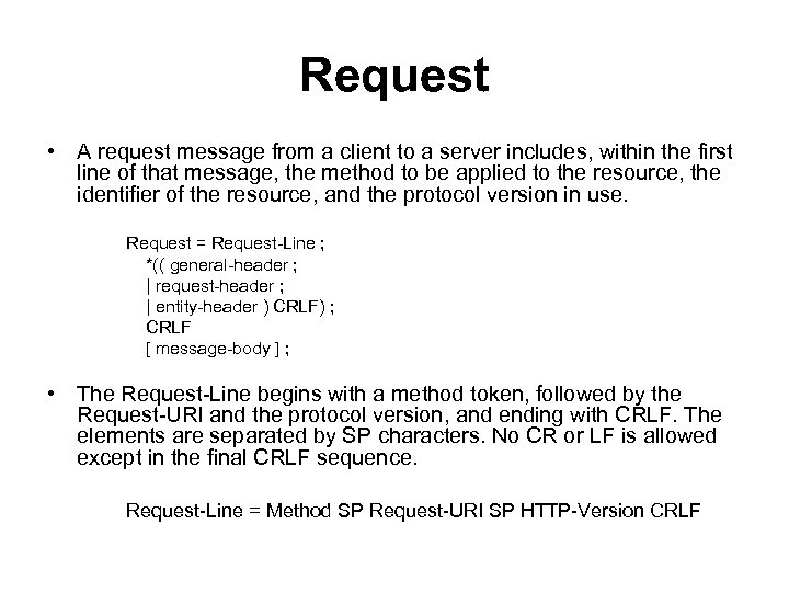 Request • A request message from a client to a server includes, within the