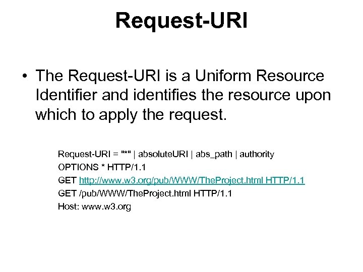 Request-URI • The Request-URI is a Uniform Resource Identifier and identifies the resource upon