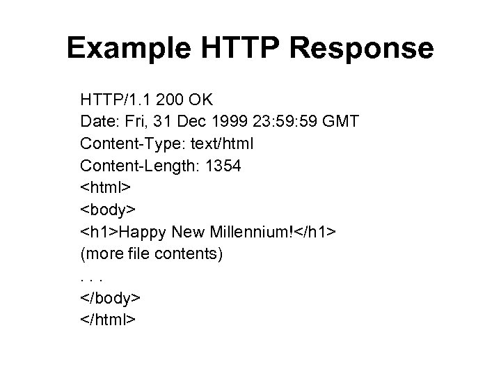 Example HTTP Response HTTP/1. 1 200 OK Date: Fri, 31 Dec 1999 23: 59