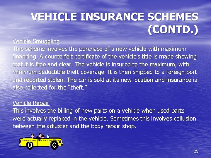 VEHICLE INSURANCE SCHEMES (CONTD. ) Vehicle Smuggling This scheme involves the purchase of a