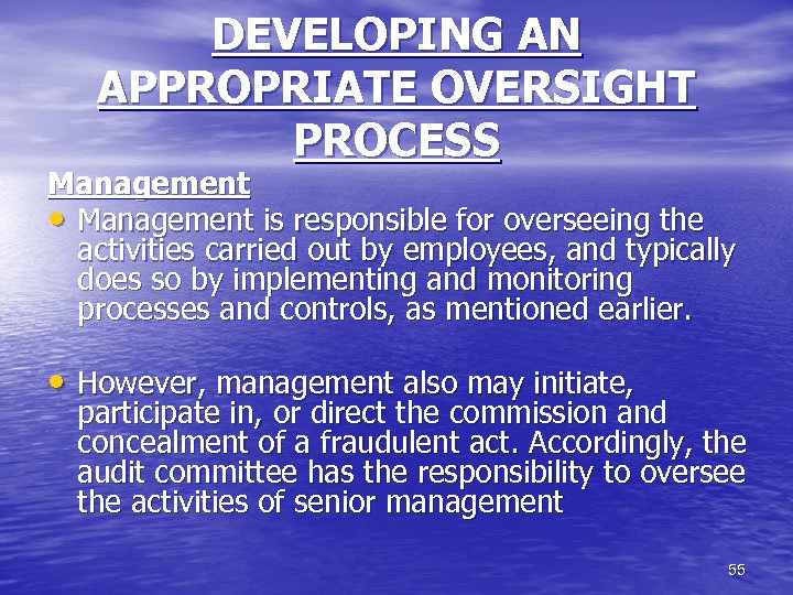 DEVELOPING AN APPROPRIATE OVERSIGHT PROCESS Management • Management is responsible for overseeing the activities