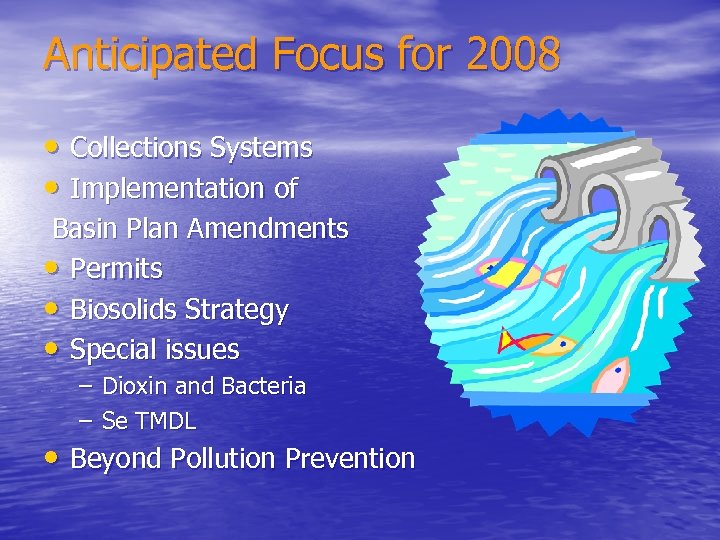 Anticipated Focus for 2008 • Collections Systems • Implementation of Basin Plan Amendments •