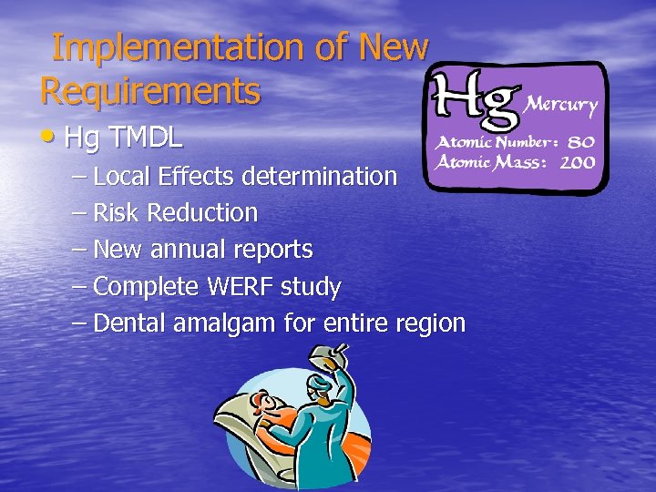 Implementation of New Requirements • Hg TMDL – Local Effects determination – Risk Reduction
