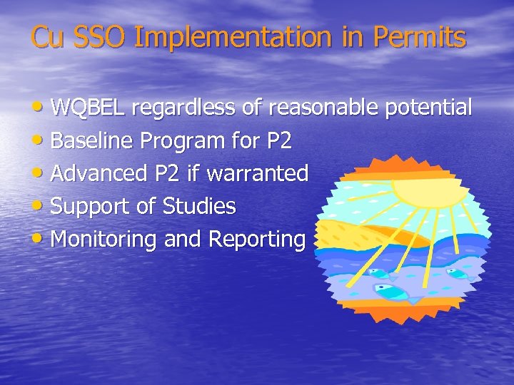 Cu SSO Implementation in Permits • WQBEL regardless of reasonable potential • Baseline Program