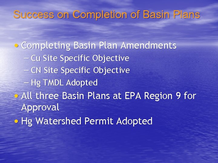Success on Completion of Basin Plans • Completing Basin Plan Amendments – Cu Site
