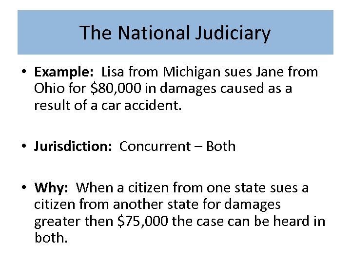 The National Judiciary • Example: Lisa from Michigan sues Jane from Ohio for $80,