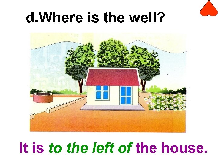 d. Where is the well? It is to the left of the house. 