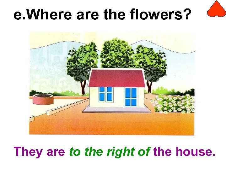 e. Where are the flowers? They are to the right of the house. 