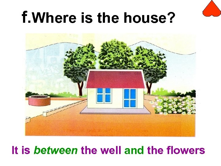 f. Where is the house? It is between the well and the flowers 