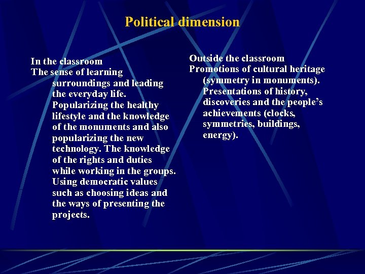 Political dimension In the classroom The sense of learning surroundings and leading the everyday