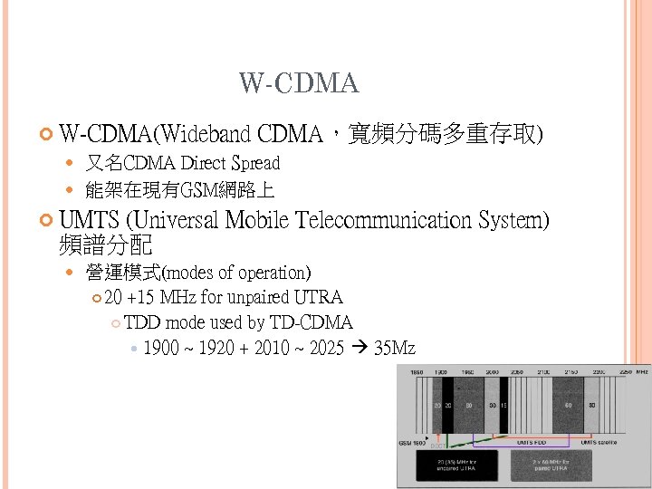 W-CDMA W-CDMA(Wideband CDMA，寬頻分碼多重存取) 又名CDMA Direct Spread 能架在現有GSM網路上 UMTS (Universal Mobile Telecommunication System) 頻譜分配 營運模式(modes
