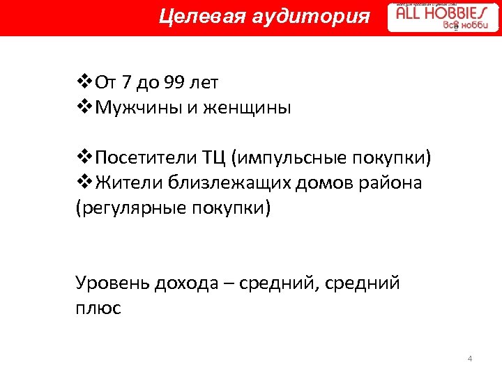 Целевая аудитория v. От 7 до 99 лет v. Мужчины и женщины v. Посетители