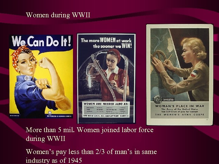 Women during WWII More than 5 mil. Women joined labor force during WWII Women’s