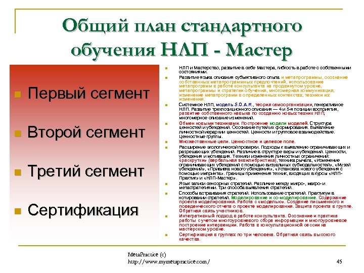 Общий план стандартного обучения НЛП - Мастер n n n Первый сегмент n n