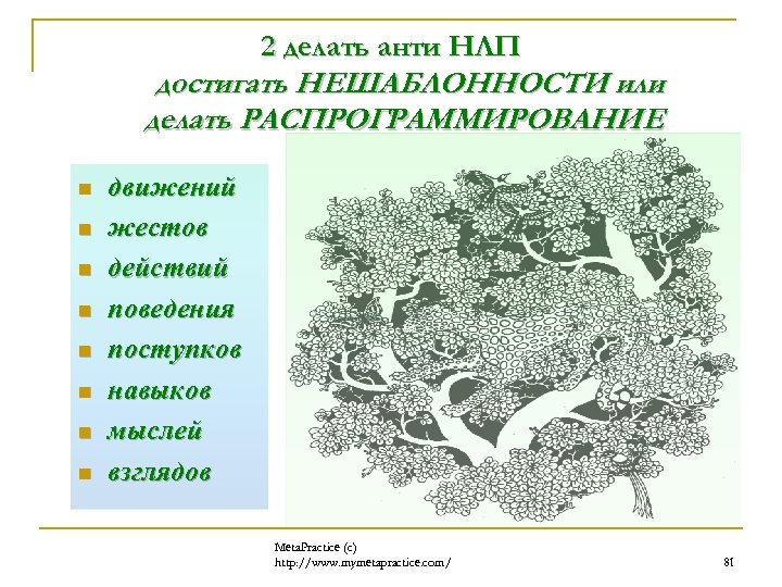 2 делать анти НЛП достигать НЕШАБЛОННОСТИ или делать РАСПРОГРАММИРОВАНИЕ n n n n движений