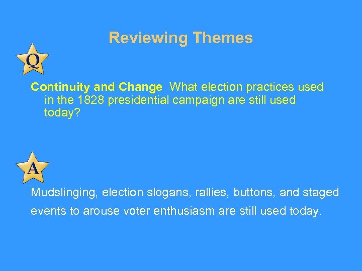 Reviewing Themes Continuity and Change What election practices used in the 1828 presidential campaign