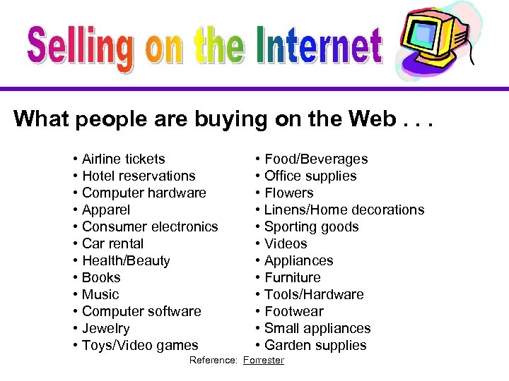 What people are buying on the Web. . . • Airline tickets • Hotel