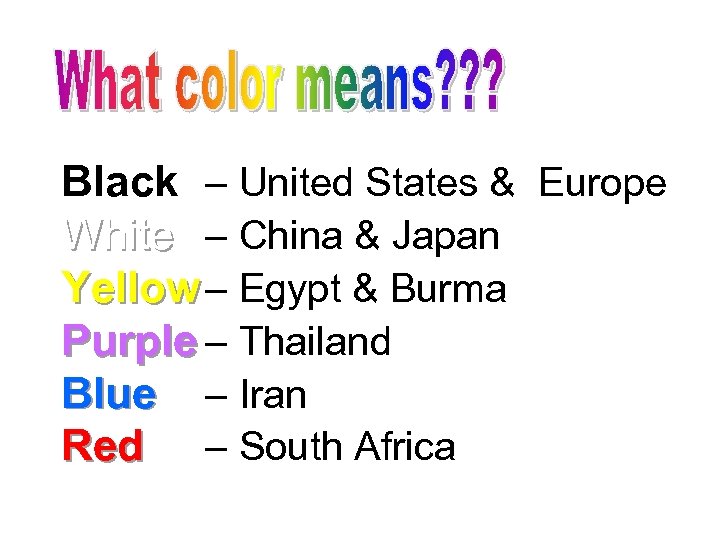 Black – United States & Europe White – China & Japan Yellow – Egypt