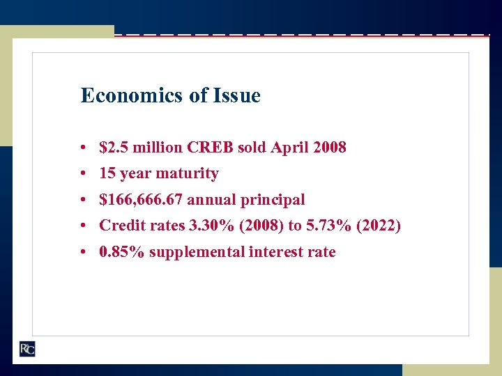 Economics of Issue • $2. 5 million CREB sold April 2008 • 15 year