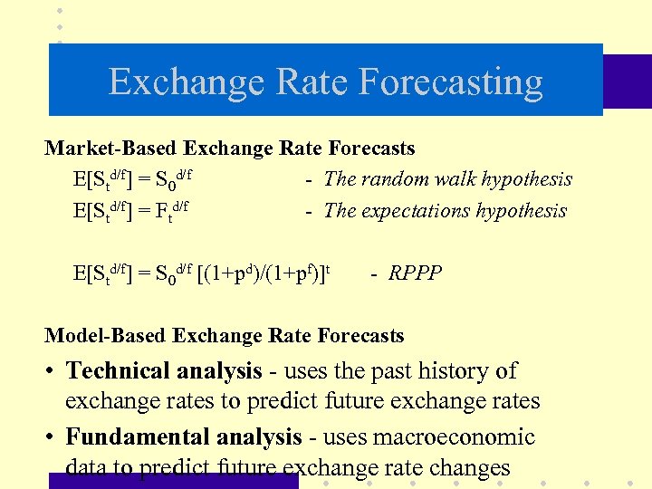 Exchange Rate Forecasting Market-Based Exchange Rate Forecasts E[Std/f] = S 0 d/f - The