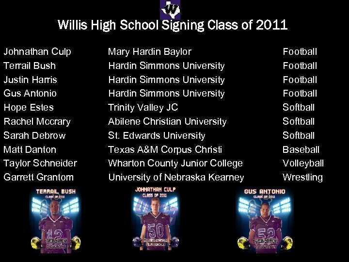 Willis High School Signing Class of 2011 Johnathan Culp Terrail Bush Justin Harris Gus
