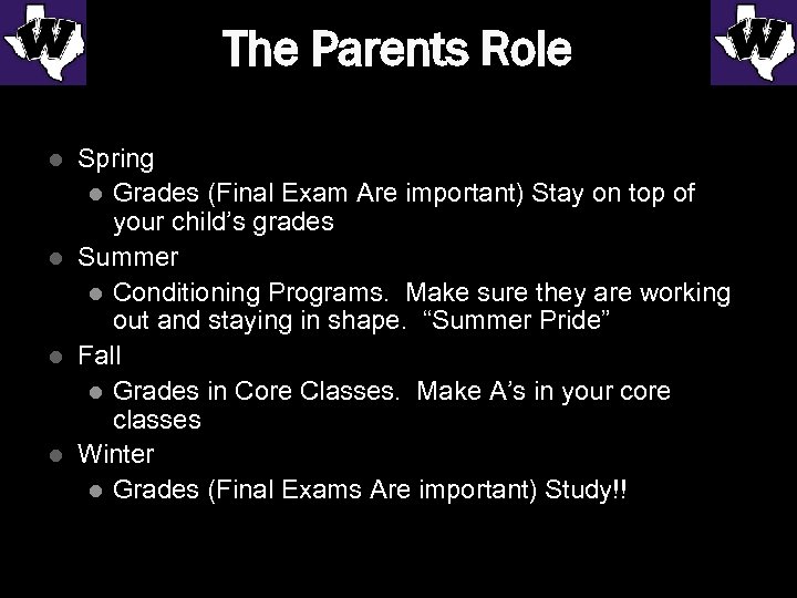 The Parents Role l l Spring l Grades (Final Exam Are important) Stay on