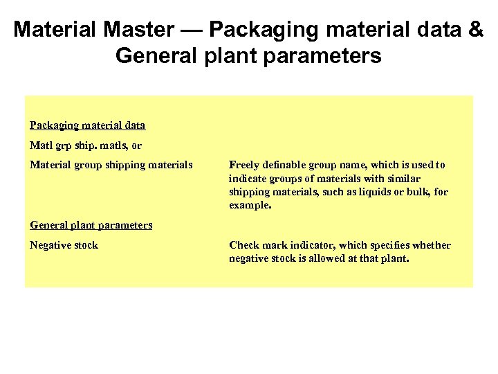 Material Master — Packaging material data & General plant parameters Packaging material data Matl