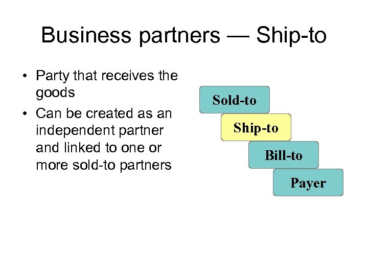 Business partners — Ship-to • Party that receives the goods • Can be created