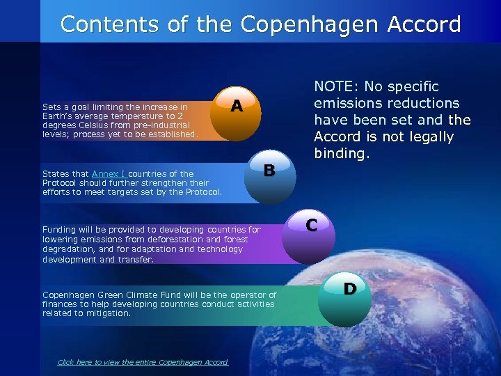 Contents of the Copenhagen Accord Sets a goal limiting the increase in Earth’s average