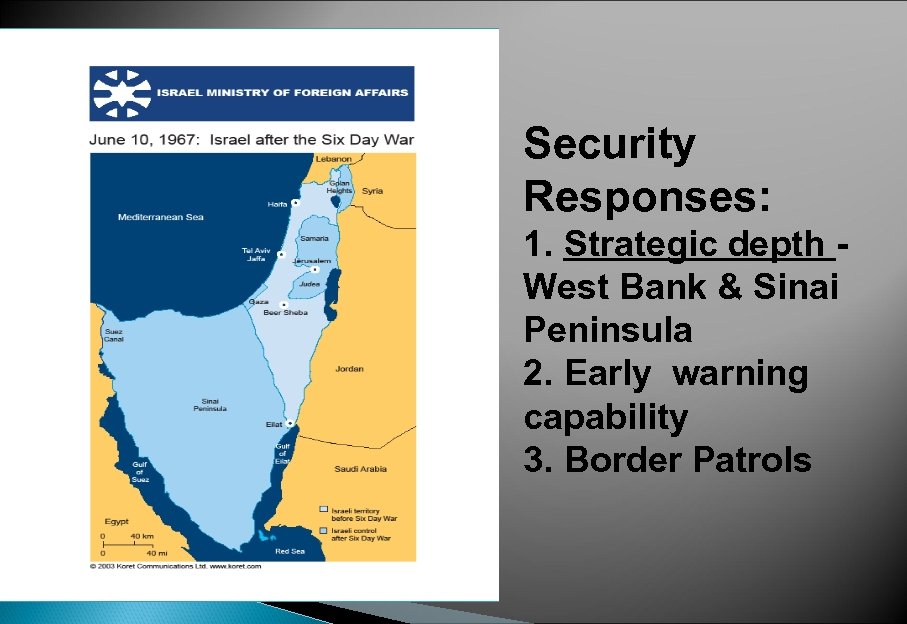 Security Responses: 1. Strategic depth West Bank & Sinai Peninsula 2. Early warning capability