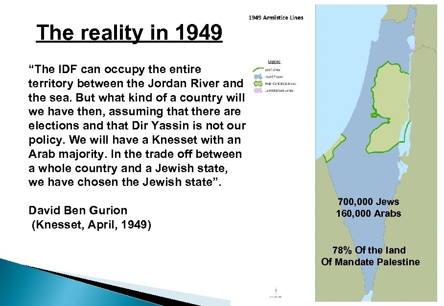The reality in 1949 “The IDF can occupy the entire territory between the Jordan