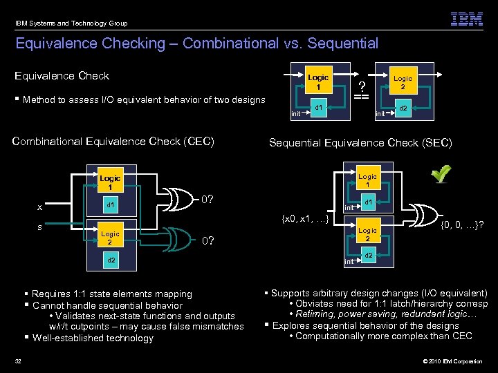 IBM Systems and Technology Group Equivalence Checking – Combinational vs. Sequential Equivalence Check Logic