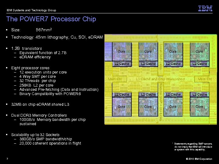 IBM Systems and Technology Group The POWER 7 Processor Chip § Size: 567 mm