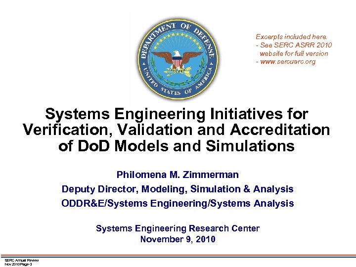 Excerpts included here. - See SERC ASRR 2010 website for full version - www.