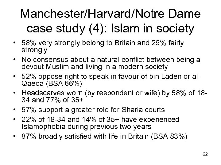 Manchester/Harvard/Notre Dame case study (4): Islam in society • 58% very strongly belong to