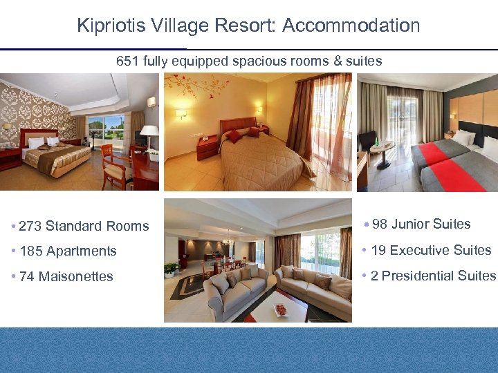Kipriotis Village Resort: Accommodation 651 fully equipped spacious rooms & suites • 273 Standard