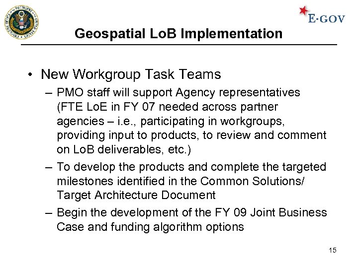 Geospatial Lo. B Implementation • New Workgroup Task Teams – PMO staff will support