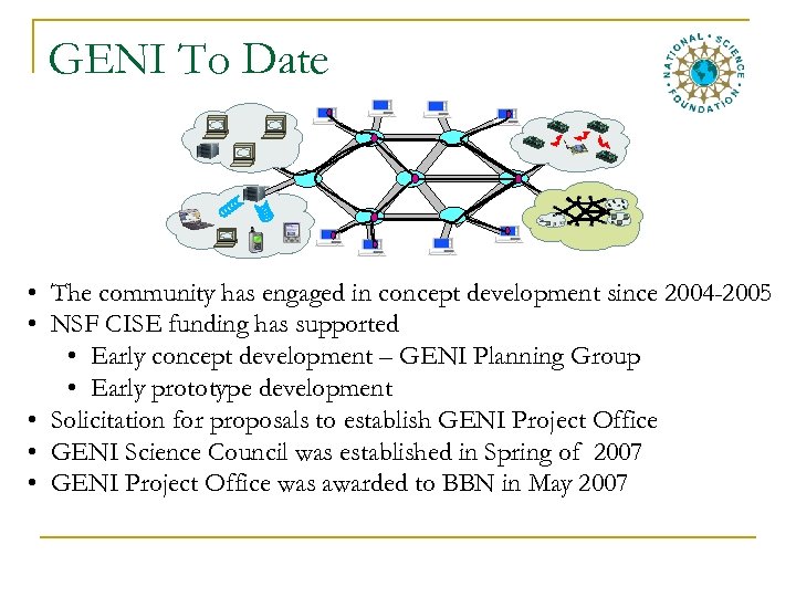 GENI To Date • The community has engaged in concept development since 2004 -2005