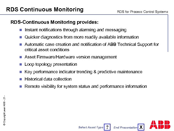 RDS Continuous Monitoring RDS for Process Control Systems RDS-Continuous Monitoring provides: Instant notifications through