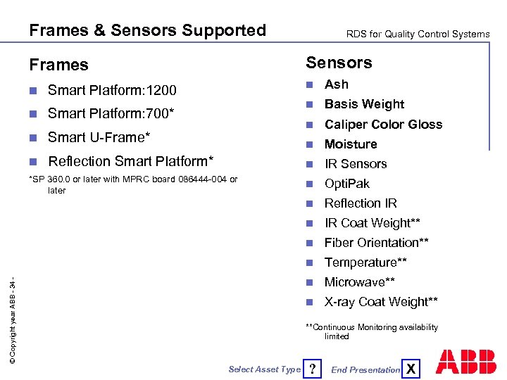 Frames & Sensors Supported Sensors Frames n RDS for Quality Control Systems n Ash