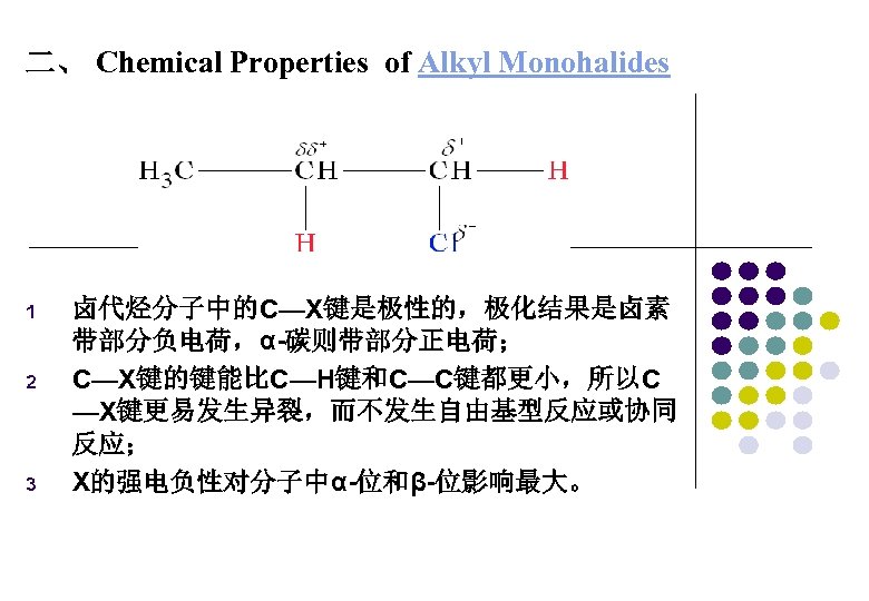 二、 Chemical Properties of Alkyl Monohalides 1 2 3 卤代烃分子中的C—X键是极性的，极化结果是卤素 带部分负电荷，α-碳则带部分正电荷； C—X键的键能比C—H键和C—C键都更小，所以C —X键更易发生异裂，而不发生自由基型反应或协同 反应；