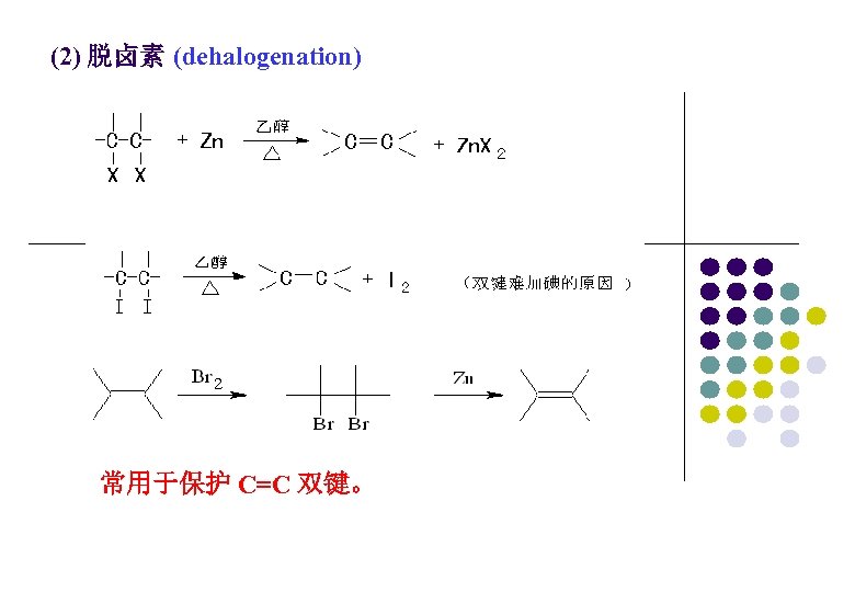 (2) 脱卤素 (dehalogenation) 常用于保护 C=C 双键。 